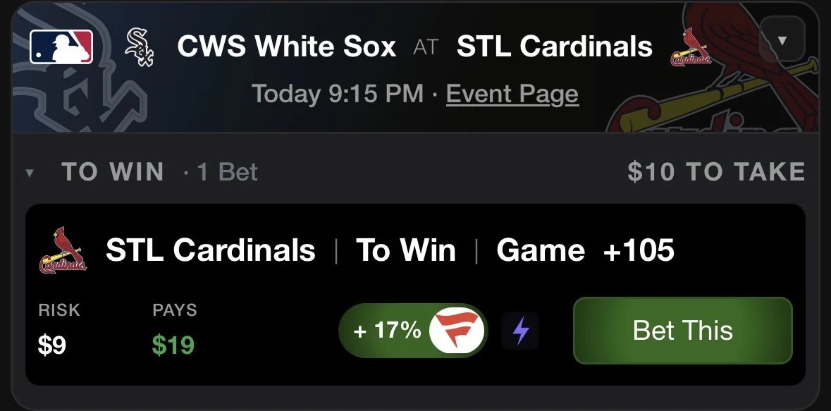A BetOpenly open bet on STL Cardinals to win at +105, with the EVstrike lightning-bolt badge beside the Bet This button