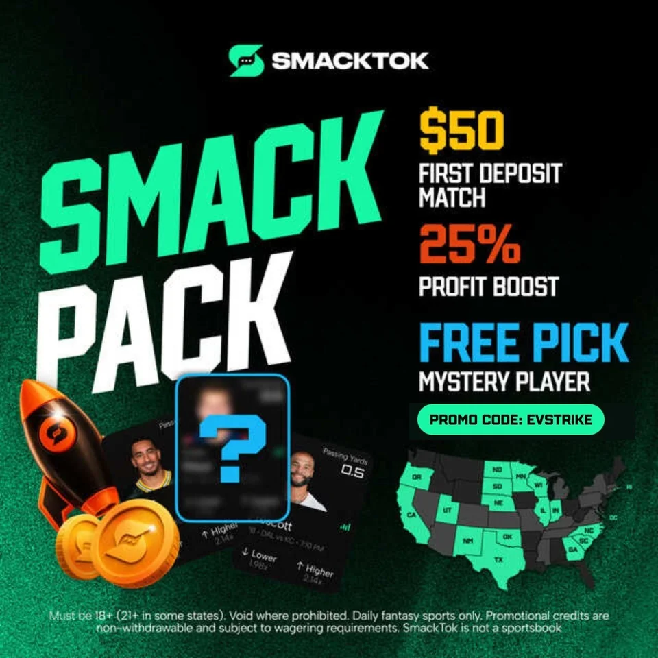 SmackTok Smack Pack: $50 first deposit match, 25% profit boost and a free mystery-player pick with promo code EVSTRIKE, available in 17 states and D.C.